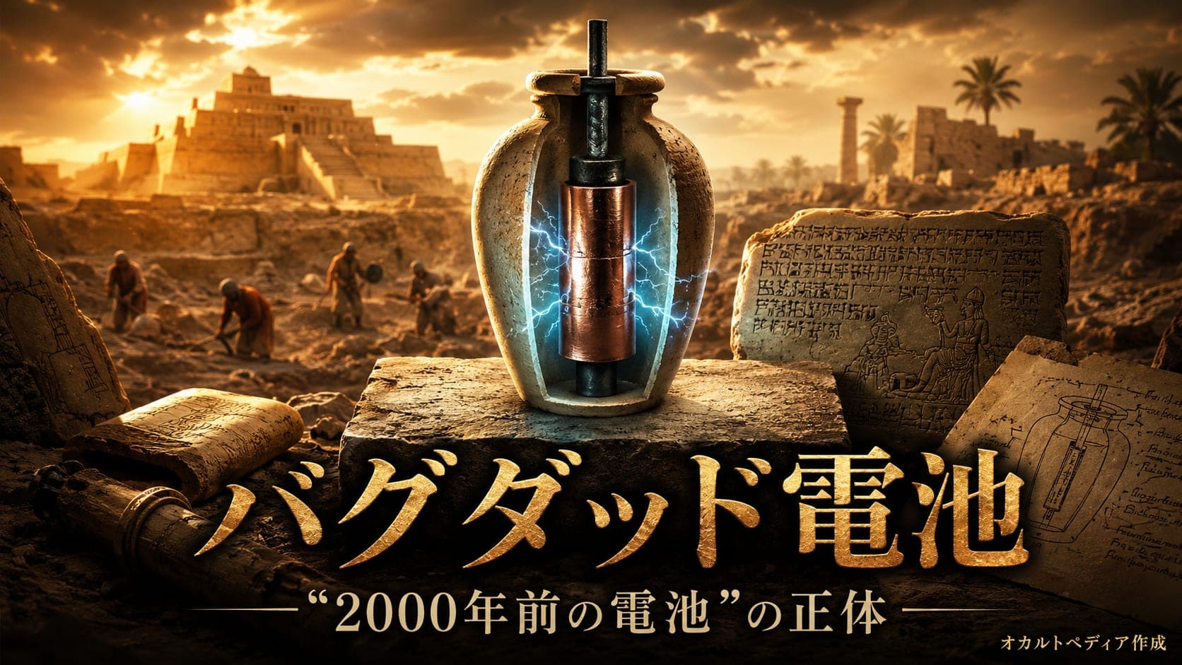 素焼きの壺の中に銅の筒と鉄の棒が入ったバグダッド電池のイメージ