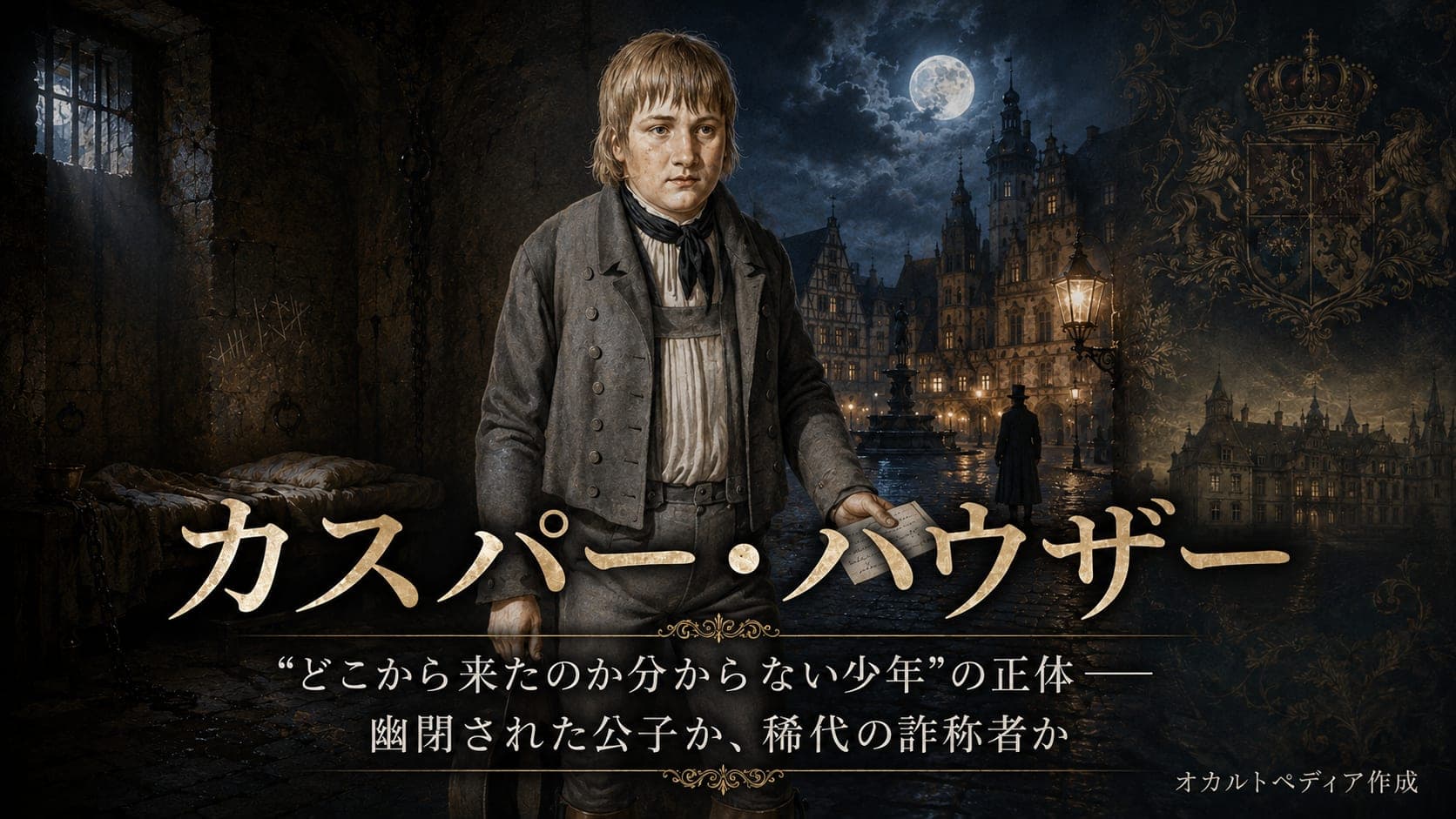 19世紀ドイツの広場に佇む謎の少年カスパー・ハウザーのイメージ
