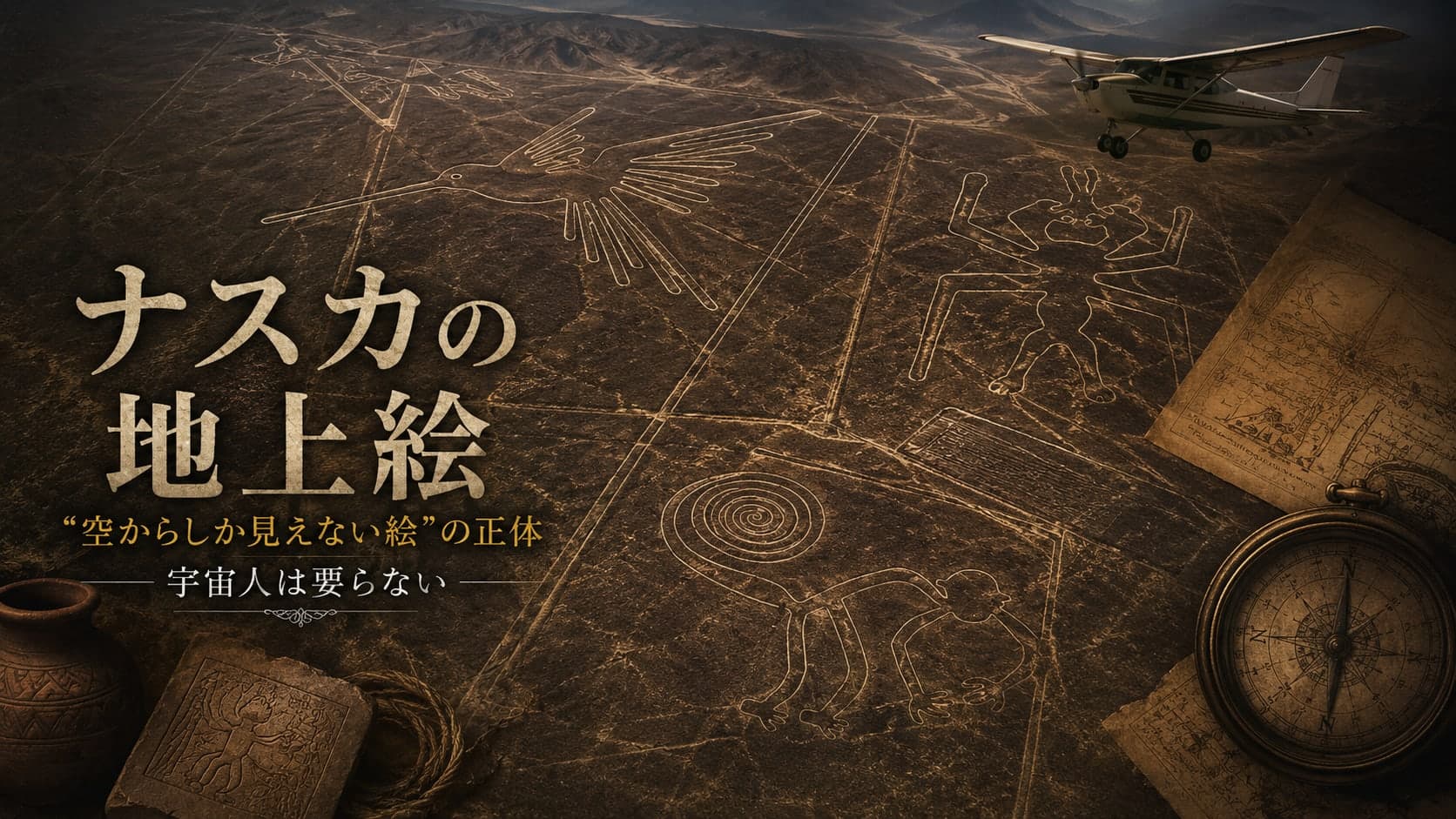 ペルー南部の砂漠に広がるナスカの地上絵（ハチドリ）を空から見たイメージ