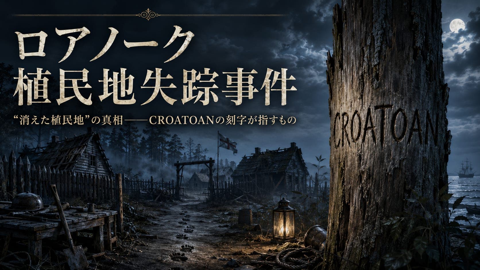 無人になったロアノーク植民地の柵に刻まれたCROATOANの文字のイメージ