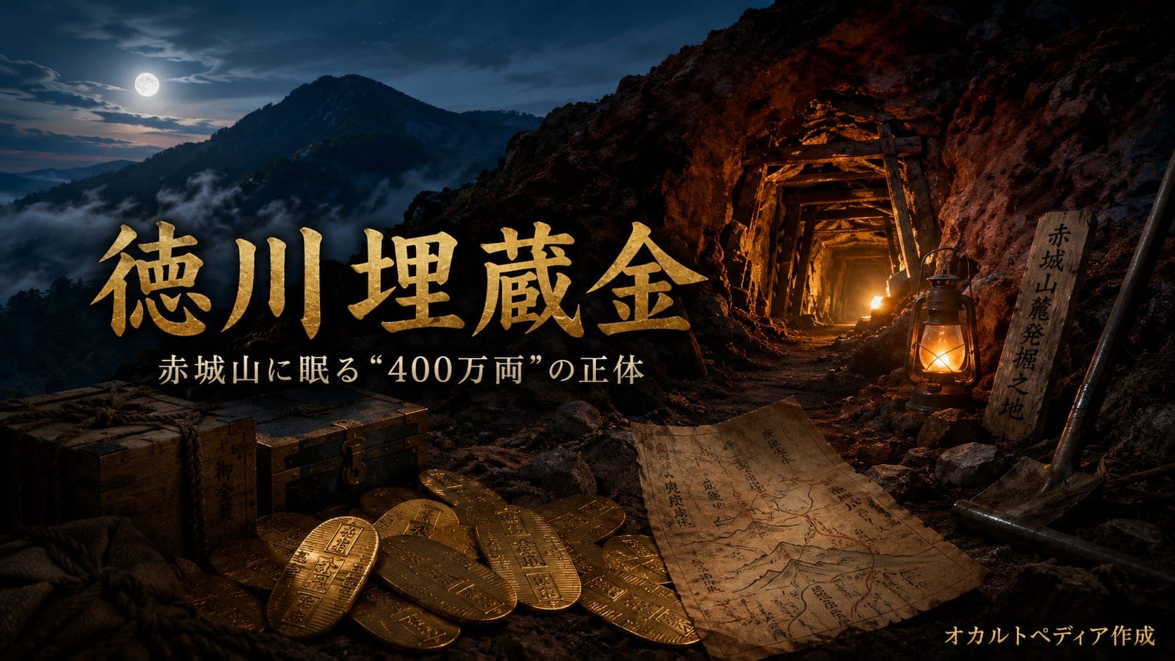 赤城山の山中と江戸時代の小判を組み合わせた徳川埋蔵金のイメージ